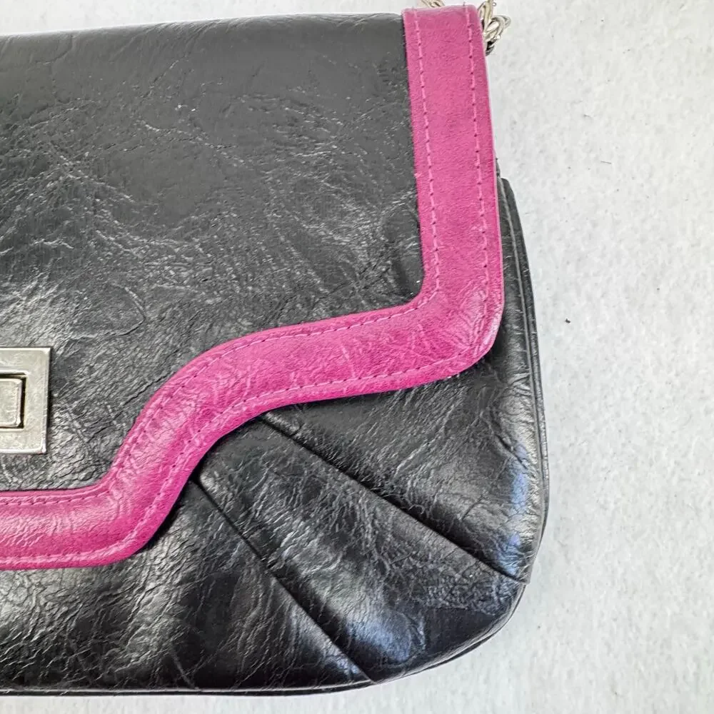 Vintage Black faux Leather Shoulder Bag Pink Trim Y2K Retro Baguette Purse - Picture 5 of 9